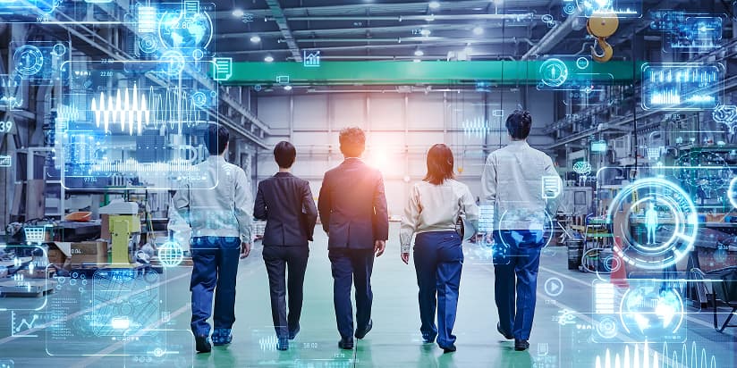 デジタル技術でつながる製造現場と働く人々のイメージ