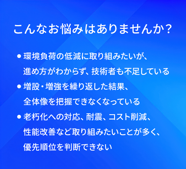 こんなお悩みはありませんか？/環境負荷の低減に取り組みたいが、進め方がわからず、技術者も不足している/増設·増強を繰り返した結果、全体像を把握できなくなっている/老朽化への対応、耐震、コスト削減、性能改善など取り組みたいことが多く、優先順位を判断できない