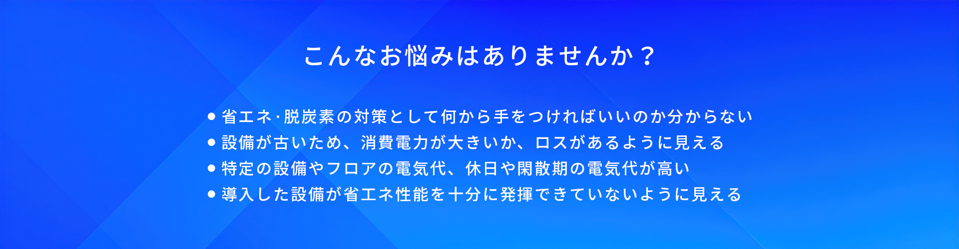 こんなお悩みはありませんか？/省工ネ·脱炭素の対策として何から手をつければいいのか分からない/設備が古いため、消費電力が大きいか、ロスがあるように見える/特定の設備やフロアの電気代、休日や閑散期の電気代が高い/導入した設備が省工ネ性能を十分に発揮できていないように見える