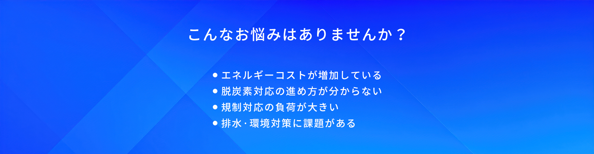 こんなお悩みはありませんか？/エネルギーコストが増加している/脱炭素対応の進め方が分からない/規制対応の負荷が大きい/排水・環境対策に課題がある